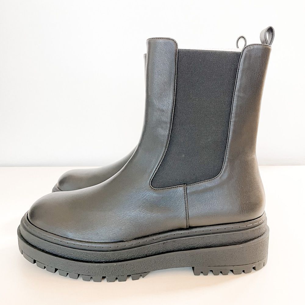 New Good American Black Leather Pull On Platform Boots - Picture 6 of 13
